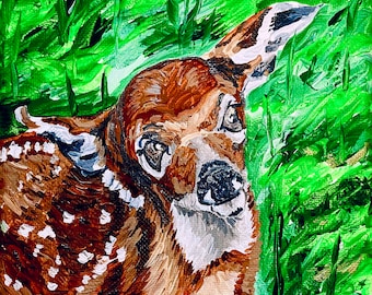 Fawn original acrylic painting, Fawn acrylic on canvas, Deer acrylic on canvas, mini acrylic original painting, Fawn wall art, deer wall art