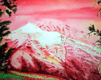 Watercolor of mountain, mountain painting, mountain art, watercolor of mountain, Original watercolor painting, mountain landscape, red art