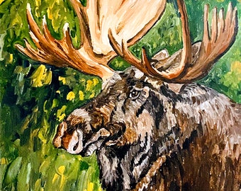 Moose acrylic original painting, Moose wall art, Moose acrylic on canvas, Original acrylic on canvas, Wildlife acrylic painting, cabin art