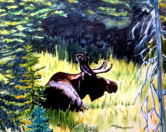 Watercolor animal painting, Watercolor moose, moose painting, animal watercolor, animal painting canvas, moose wall art, wildlife watercolor