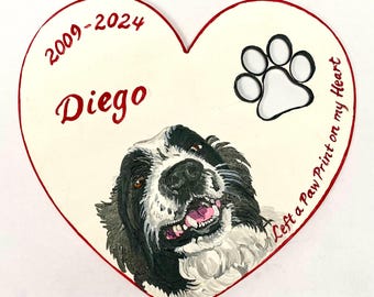 Custom Pet Memorial Portrait, Dog Loss, Hand Painted Heart Plaque, Pet Remembrance