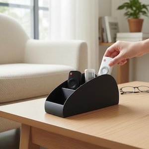 Könnte beinhalten: Ein schwarzer Fernbedienungsorganizer mit halbkreisförmigem Design und drei Fächern. Drei Fernbedienungen sind sichtbar, eine schwarze, eine weiße und eine wird gerade aufgenommen. Der Organizer steht auf einem hellen Holztisch.
