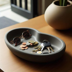 Può includere: Un vassoio grigio a forma di rene contiene occhiali da sole rotondi, monete e chiavi. Il vassoio è su una superficie di legno, con un vaso beige sullo sfondo. Gli occhiali da sole hanno una montatura sottile color oro e lenti scure.