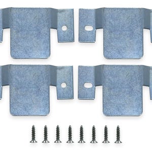 May include: Four silver-colored metal brackets with a rectangular center and two side extensions, each with a hole. Includes a set of ten silver screws. Hardware for construction or repair.