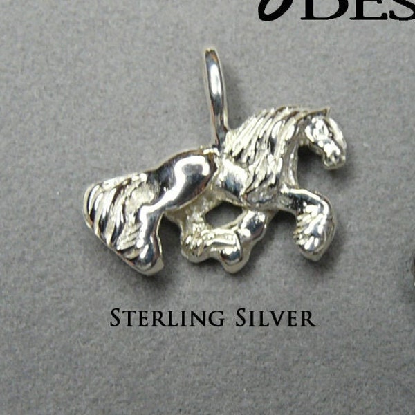 Sterling Silber Gypsy Pferd Schmuck Charm Gypsy Cob Anhänger Halskette 2-seitig Detaillierter 3-D Gypsy Vanner Schmuck