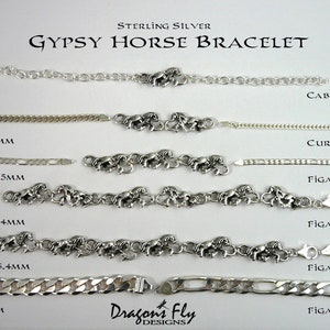 May include: Sterling silver Gypsy Horse bracelet featuring a variety of chain styles, including cable, curb, and figaro. The chain styles are displayed in different widths, ranging from 2.7mm to 9mm. The bracelet features a charm of three horses.