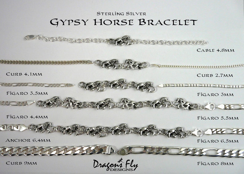 May include: Sterling silver Gypsy Horse bracelet featuring a variety of chain styles, including cable, curb, and figaro. The chain styles are displayed in different widths, ranging from 2.7mm to 9mm. The bracelet features a charm of three horses.