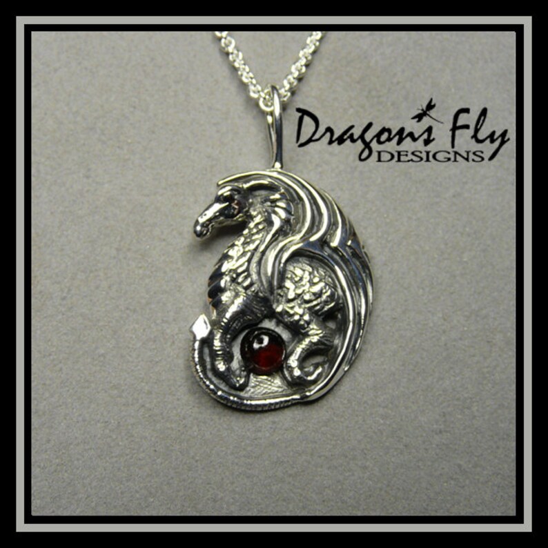 Op de afbeelding: Zilveren drakenhanger met een rode edelsteen, aan een zilveren ketting. De hanger is in de vorm van een draak die om een rode edelsteen is gekruld. De hanger hangt aan een zilveren ketting. De hanger is gemarkeerd met "Dragons Fly Designs".