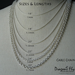 May include: A close-up of six silver cable chains of varying lengths and thicknesses. The chains are labelled with their length in inches and thickness in millimetres. The text "SIZES & LENGTHS" and "CABLE CHAIN" are visible at the top of the image. The text "Dragon's Fly DESIGNS" is visible at the bottom of the image.