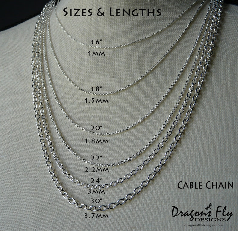May include: A close-up of six silver cable chains of varying lengths and thicknesses. The chains are labelled with their length in inches and thickness in millimetres. The text "SIZES & LENGTHS" and "CABLE CHAIN" are visible at the top of the image. The text "Dragon's Fly DESIGNS" is visible at the bottom of the image.