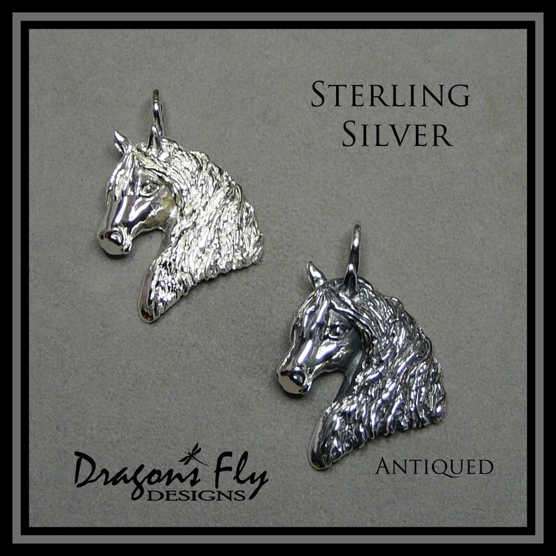 May include: Two sterling silver horse head pendants, one with a polished finish and the other with an antiqued finish.  Dragon's Fly Designs.