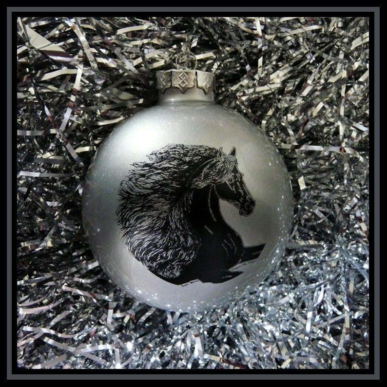 May include: A silver Christmas ornament with a black and white silhouette of a horse's head.