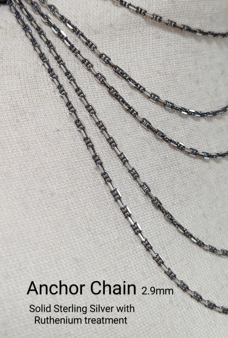 Sterling Silver Chain-Dark Sterling Silver Necklace Antiqued Oxidized Silver-Ruthenium Black Silver Chocolate Box Wheat-Cable-Bead-Snake Anchor RT 2.9mm