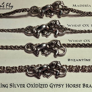 May include: Four sterling silver oxidised gypsy horse bracelets with different chain styles and sizes. The chain styles are Madeira 2.2mm, Wheat OX 1.75mm, Wheat OX 2.4mm, and Byzantine 3.6mm.