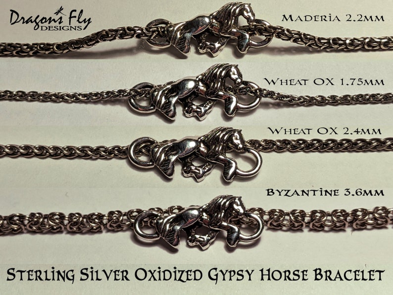May include: Four sterling silver oxidised gypsy horse bracelets with different chain styles and sizes. The chain styles are Madeira 2.2mm, Wheat OX 1.75mm, Wheat OX 2.4mm, and Byzantine 3.6mm.