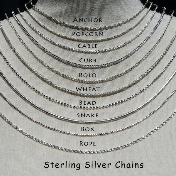 Sterling Silver Chain New Layering Silver Chains Curb-Cable-Wheat-Box-Snake-Rope-Ball-Bead-Rolo-Anchor-Popcorn 16" 18" 20" 22" 24"30" 36"