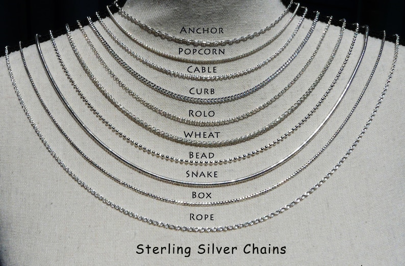 May include: A display of 12 different sterling silver chain styles, including anchor, popcorn, cable, curb, rolo, wheat, bead, snake, box, and rope. Sterling Silver Chains.