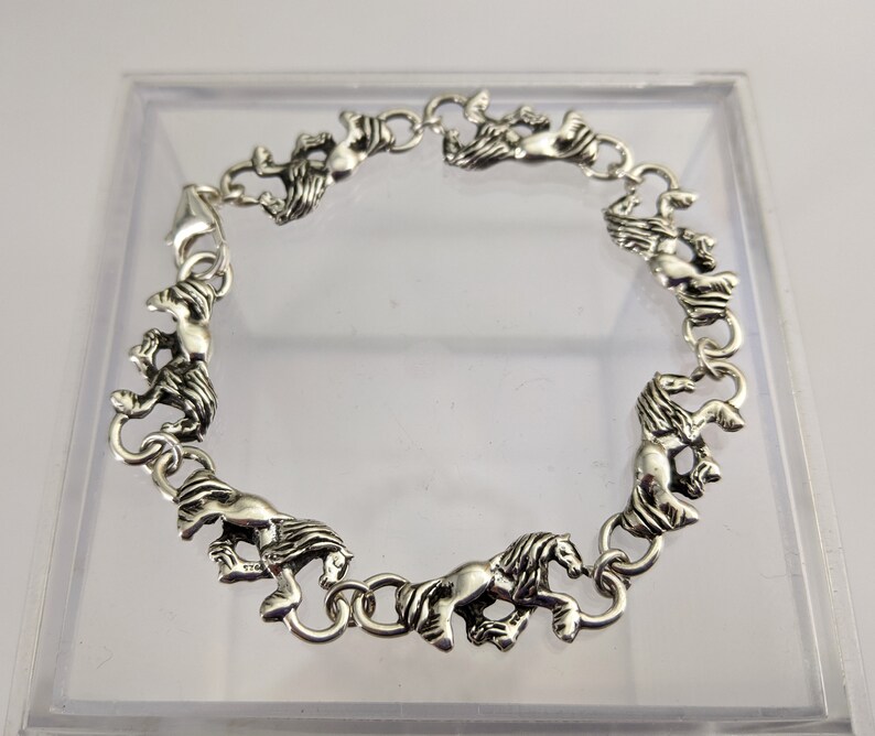 May include: A silver bracelet with a chain made of horse head links.