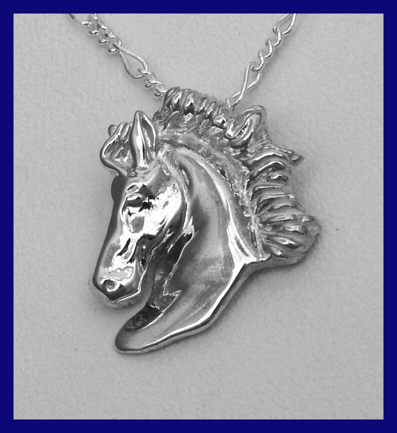 Pode incluir: Um colar com um pingente de prata em forma de cabe&ccedil;a de cavalo. A cabe&ccedil;a do cavalo &eacute; detalhada com uma crina e uma crina que flui.