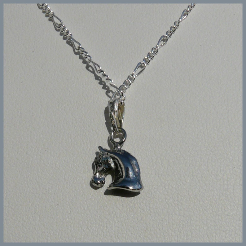 May include: A silver chain necklace with a silver horse head pendant.