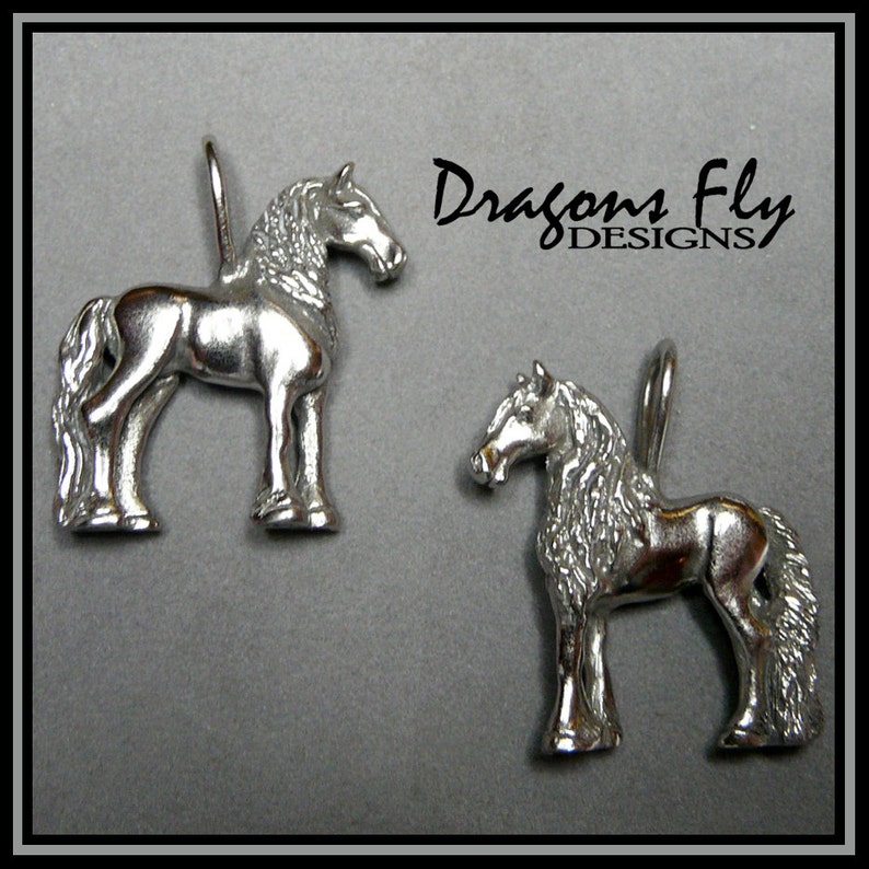 May include: Two silver horse charms with a flowing mane and tail. The charms are detailed and have a shiny finish. Dragons Fly Designs is printed on the background.
