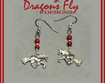 Horse Earrings Sterling Silver & Genuine Coral Gemstone  Horse Jewelry  Friesian Trot Earrings