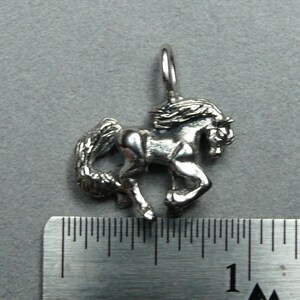 Peut inclure: Breloque en argent repr&eacute;sentant un cheval avec la t&ecirc;te tourn&eacute;e sur le c&ocirc;t&eacute; et la queue flottant derri&egrave;re lui. Le breloque mesure environ 2,5 cm de haut.