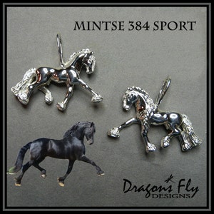 May include: Two silver horse charms, one with a black horse in the background. The charms are labeled "Mintse 384 Sport".