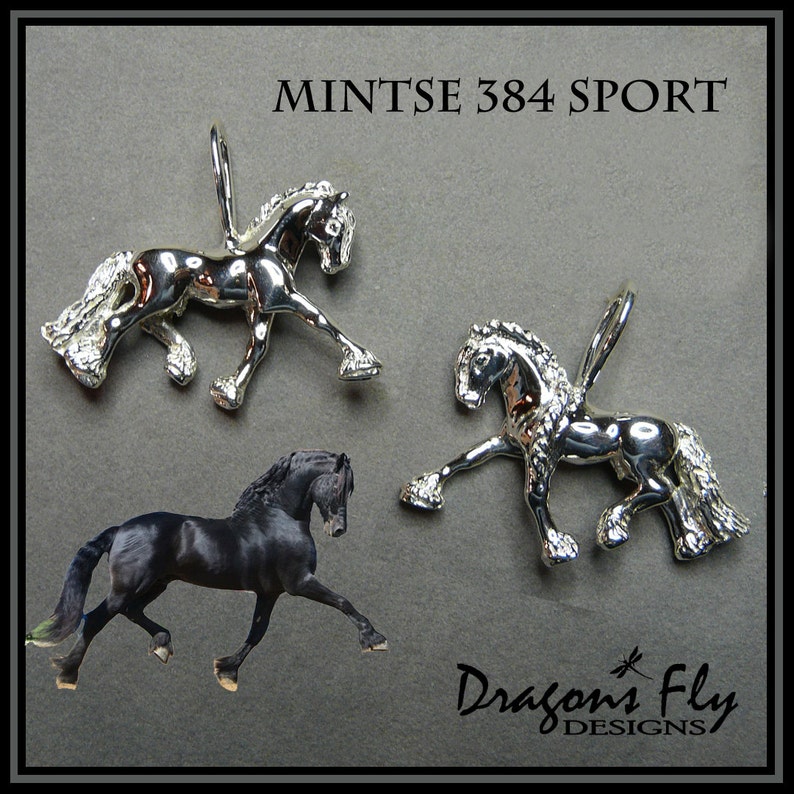May include: Two silver horse charms, one with a black horse in the background. The charms are labeled "Mintse 384 Sport".
