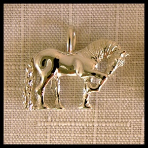 May include: A silver horse charm pendant with a detailed design. The horse is standing on its hind legs with its head lowered.