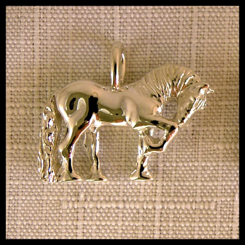 May include: A silver horse charm pendant with a detailed design. The horse is standing on its hind legs with its head lowered.