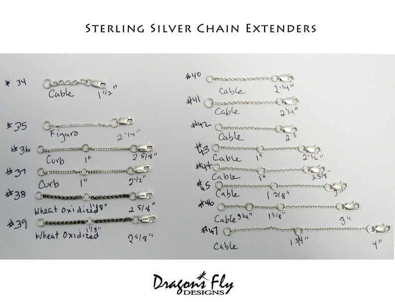 K&ouml;nnte beinhalten: Sterling-Silber-Kettenverl&auml;ngerungen in verschiedenen Stilen und L&auml;ngen, darunter Kabel, Figaro, Curb und Weizen oxidiert. Die Verl&auml;ngerungen reichen von 1,27 cm bis 10,16 cm.