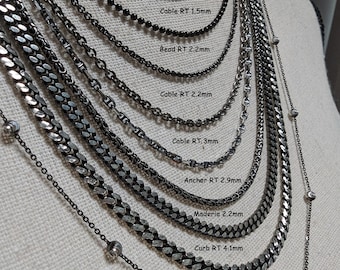 Sterling Silver Chain-Dark Sterling Silver Necklace -Antiqued Oxidized Silver-Ruthenium- Black Silver- Chocolate Box- Wheat-Cable-Bead-Snake