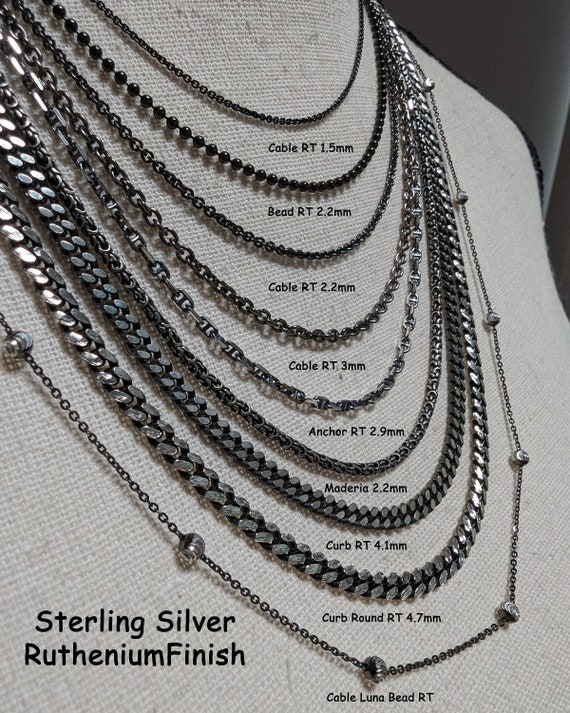 Sterling Silver Chain-dark Sterling Silver Necklace antiqued Oxidized Silver-ruthenium  Black Silver Chocolate Box Wheat-cable-bead-snake 