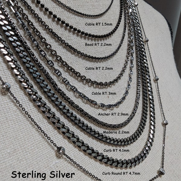 Sterling Silver Chain-Dark Sterling Silver Necklace -Antiqued Oxidized Silver-Ruthenium- Black Silver- Chocolate Box- Wheat-Cable-Bead-Snake