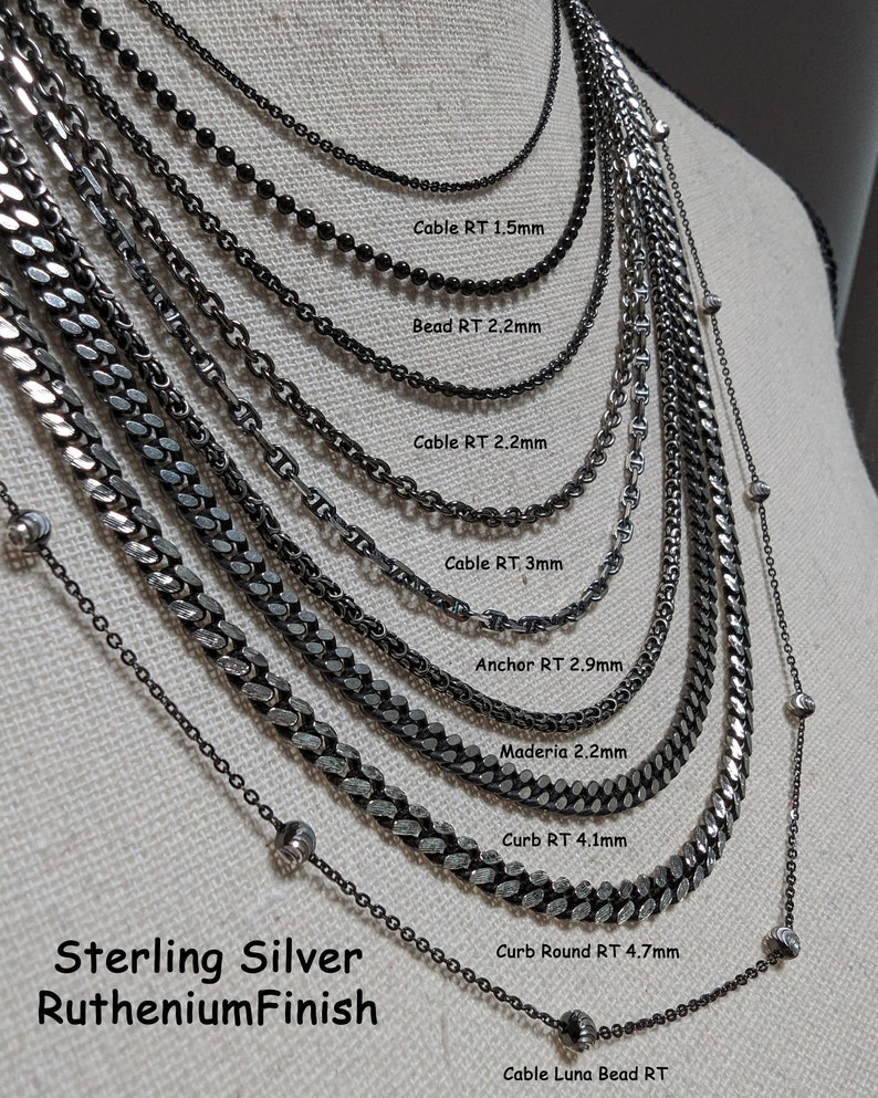 Sterling Silver Chain-Dark Sterling Silver Necklace Antiqued Oxidized Silver-Ruthenium Black Silver Chocolate Box Wheat-Cable-Bead-Snake image 1