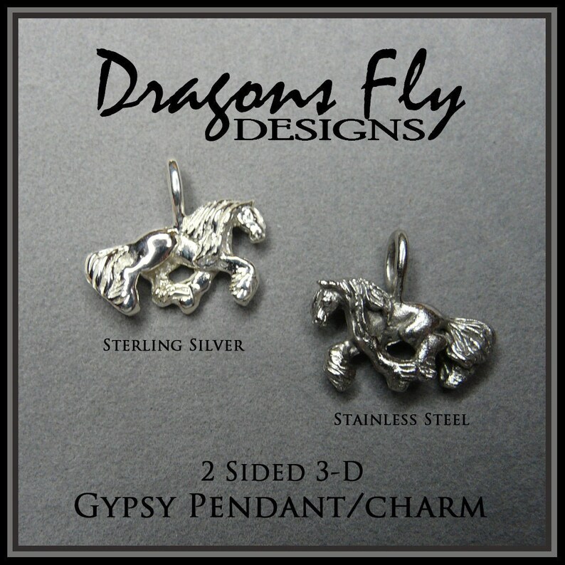 Sterling Silver Gypsy Horse Jewelry Charm Gypsy Cob Pendant Necklace 2-Sided Detailed 3-D Gypsy Vanner Jewelry bild 3