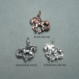 Peut inclure: Trois breloques de cheval en argent dans diff&eacute;rentes finitions&nbsp;: argent rose, acier inoxydable et argent sterling. Chaque breloque pr&eacute;sente un design de cheval d&eacute;taill&eacute; avec une crini&egrave;re et une queue en relief.