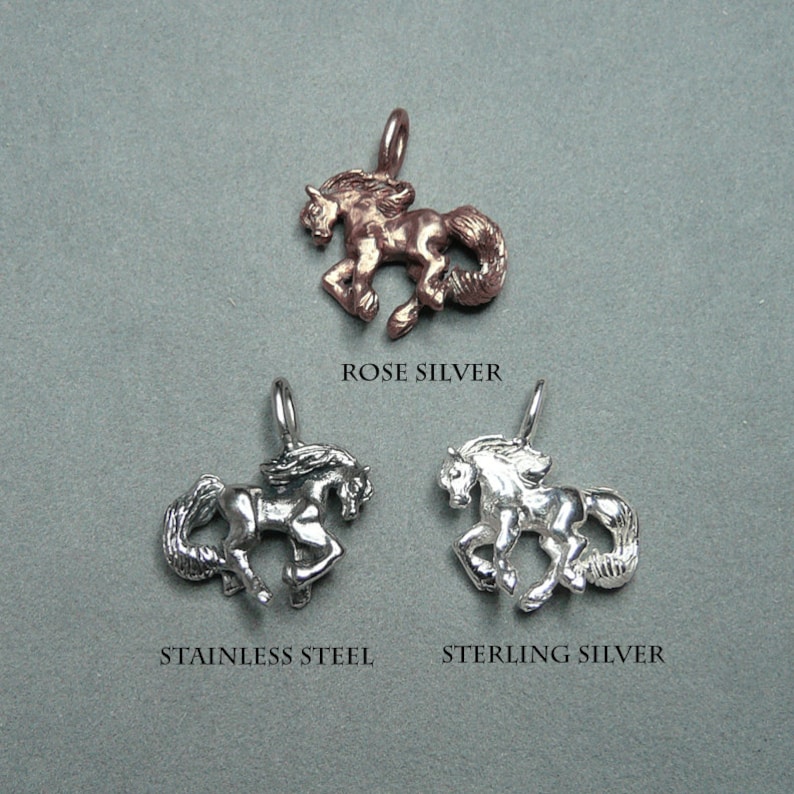Peut inclure: Trois breloques de cheval en argent dans diff&eacute;rentes finitions&nbsp;: argent rose, acier inoxydable et argent sterling. Chaque breloque pr&eacute;sente un design de cheval d&eacute;taill&eacute; avec une crini&egrave;re et une queue en relief.