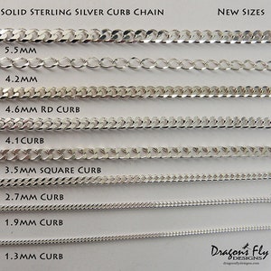 May include: A close-up of a range of sterling silver curb chains in various sizes, from 1.3 mm to 5.5 mm. The chains are displayed in rows, with the largest chain at the top and the smallest chain at the bottom. All chains are crafted from solid sterling silver and have a polished finish.
