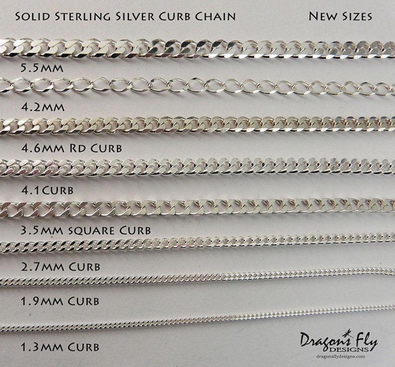 May include: A close-up of a range of sterling silver curb chains in various sizes, from 1.3 mm to 5.5 mm. The chains are displayed in rows, with the largest chain at the top and the smallest chain at the bottom. All chains are crafted from solid sterling silver and have a polished finish.
