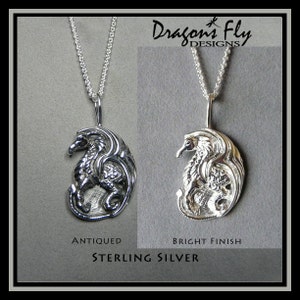 Op de afbeelding: Twee sterling zilveren draken hangerkettingen, een met een antieke afwerking en een met een glanzende afwerking. Dragon's Fly Designs.