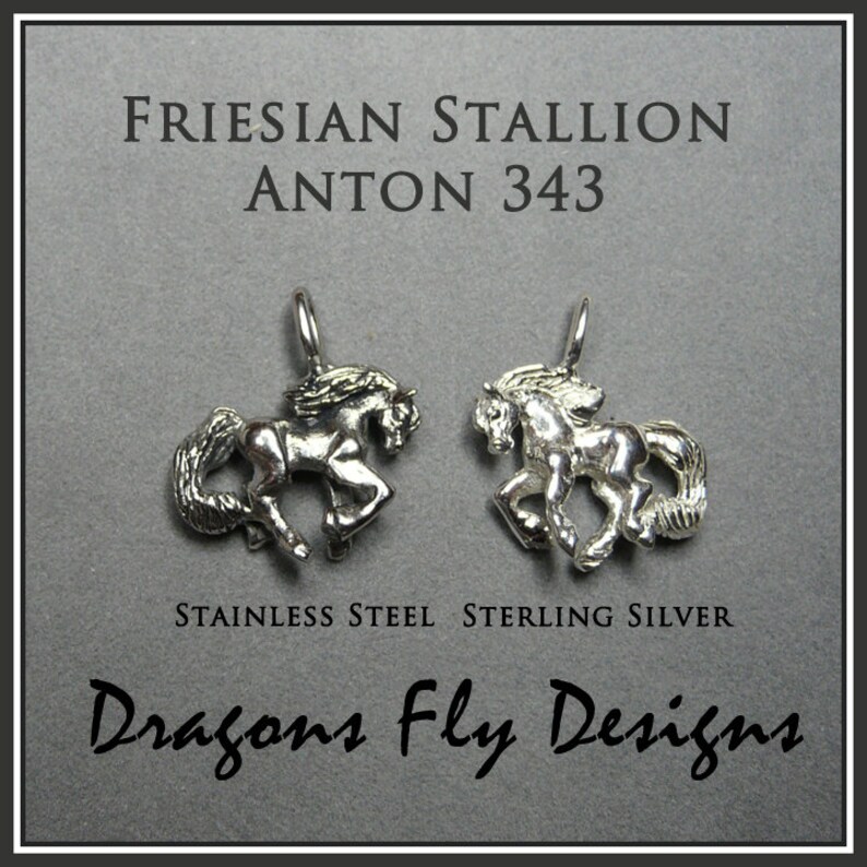 Peut inclure: Deux breloques en argent repr&eacute;sentant un &eacute;talon frison en position de course. Les breloques sont &eacute;tiquet&eacute;es "Friesian Stallion Anton 343" et "Stainless Steel Sterling Silver Dragons Fly Designs".