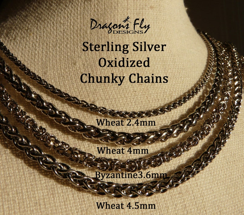 Sterling Silver Chain-Dark Sterling Silver Necklace Antiqued Oxidized Silver-Ruthenium Black Silver Chocolate Box Wheat-Cable-Bead-Snake image 8