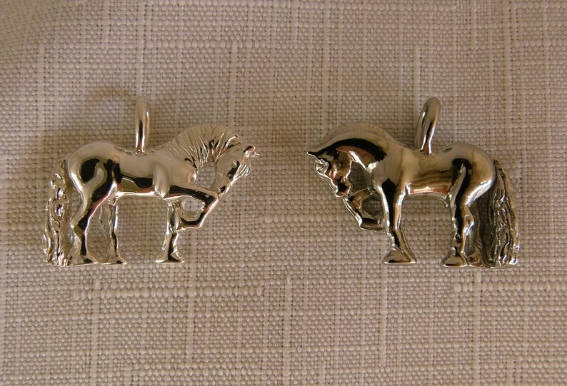 May include: Two silver horse charms, one standing and one lying down, both with detailed features.