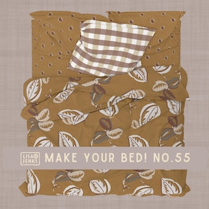 May include: A bed with a mustard-colored floral patterned duvet cover and pillowcases. One pillow is patterned with a brown and white gingham design. The text "MAKE YOUR BED! NO.55" is displayed on the bottom of the image.