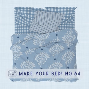 64. Blue Botanical Duvet with Gingham Sheets and Stripe Pillow Bedding Combo
