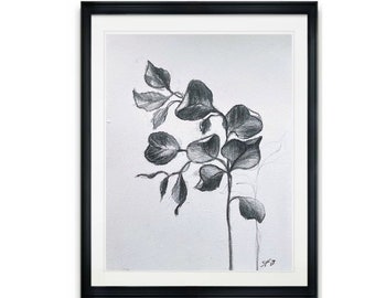 Eucalyptus Charcoal Drawing: Minimalist Botanical Leaf Art (11x14)