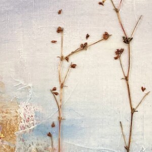 Soft Wildflower Botanical wall art with pale pinks, dusty rose , powder blues and gold on a crisp cream white background.