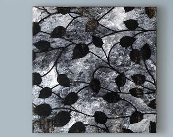Neutral Abstract Botanical – Black Leaf Painting Original– Stylish Winter Decor – Modern Leaf Art